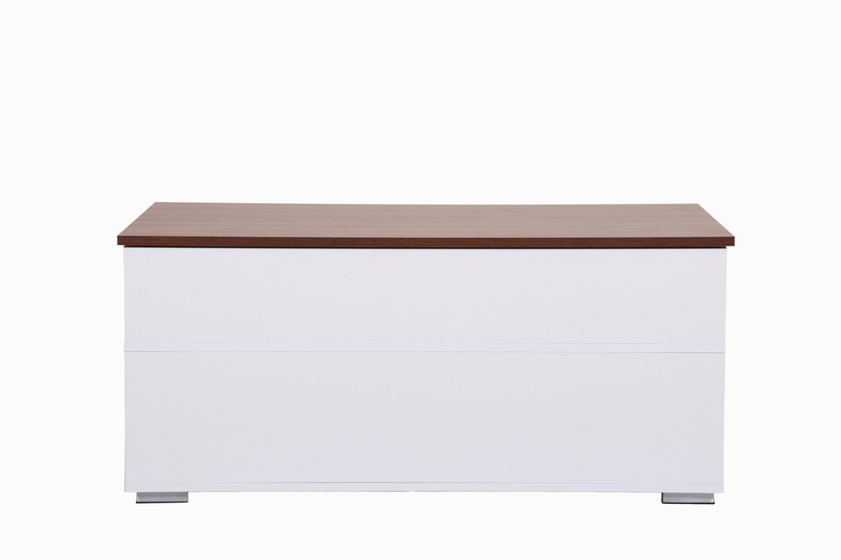 Luna White Coffee Table with Walnut Finish Lift Top, 2 Drawers, and 2 Shelves for Stylish Organization