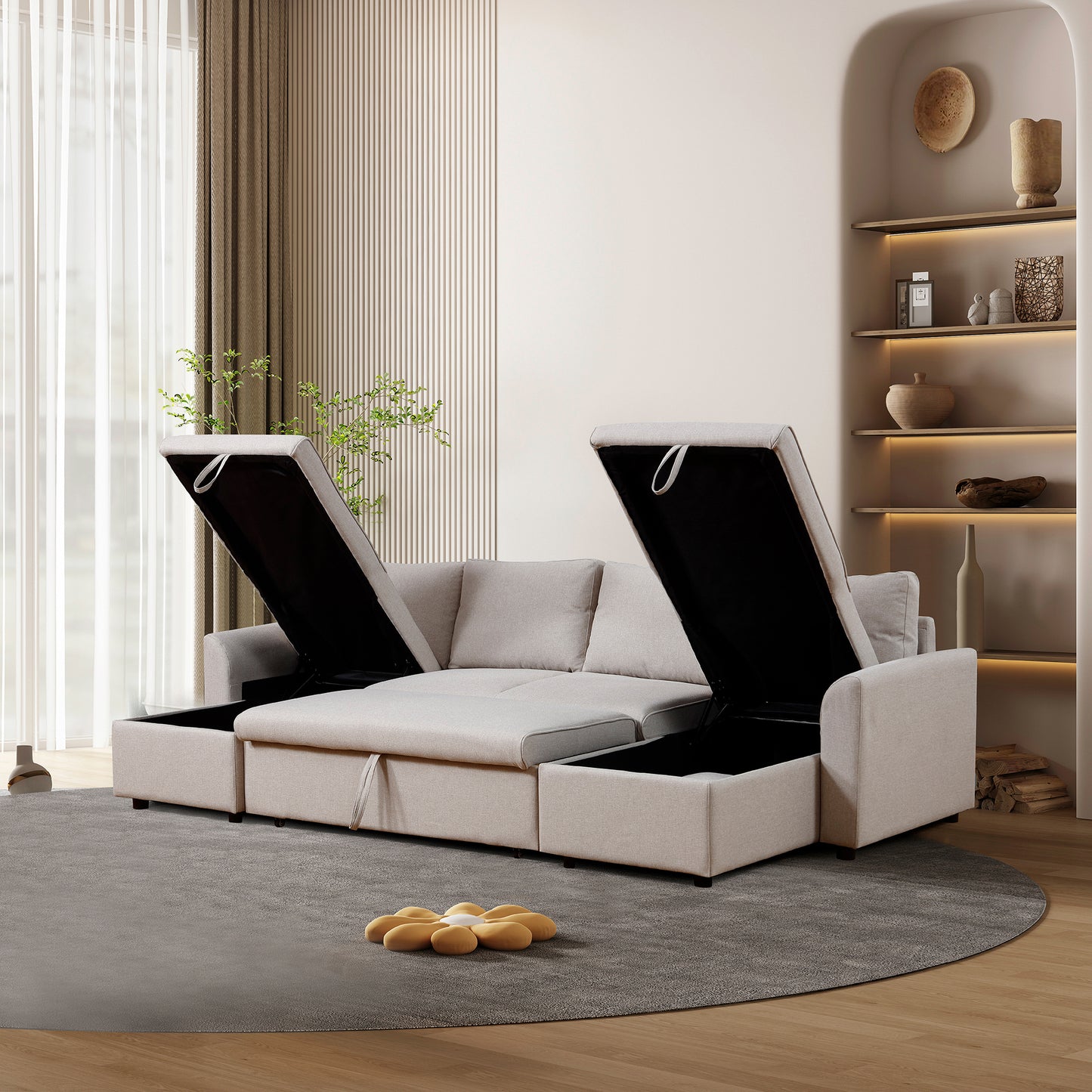 Artemax U-Shape Pull-out Sleeper Sectional Sofa with Double Storage Spaces ,BEIGE