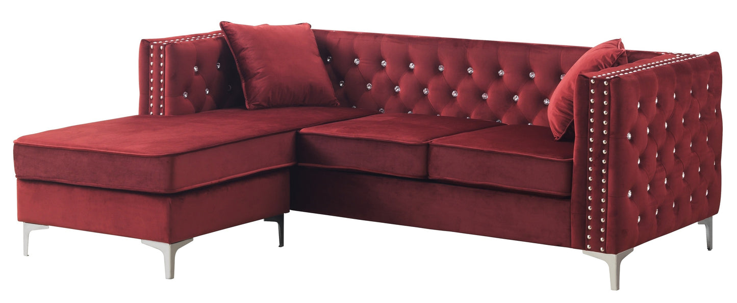 Plush Burgundy Velvet Sofa Chaise with Faux Jewel Tufting