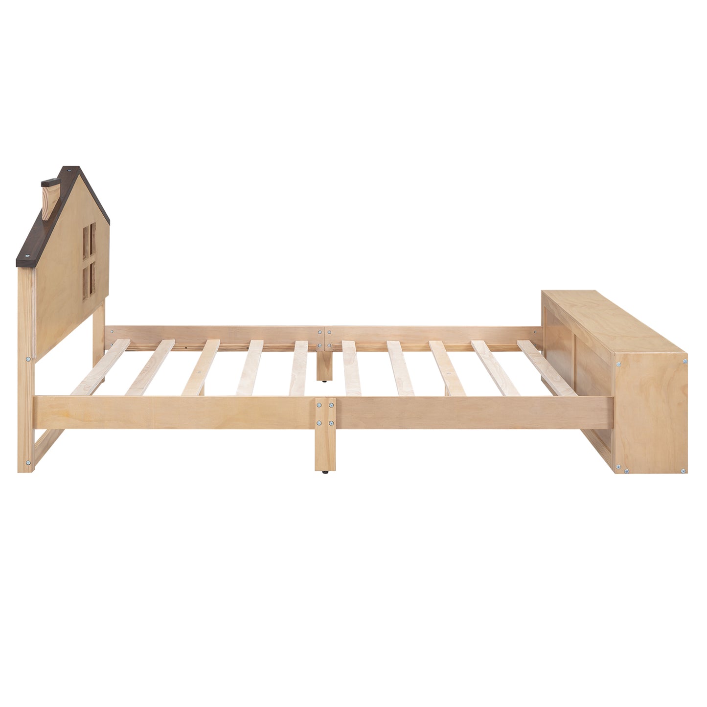 Full Size House Platform Bed with LED Lights and Storage, Wood Color