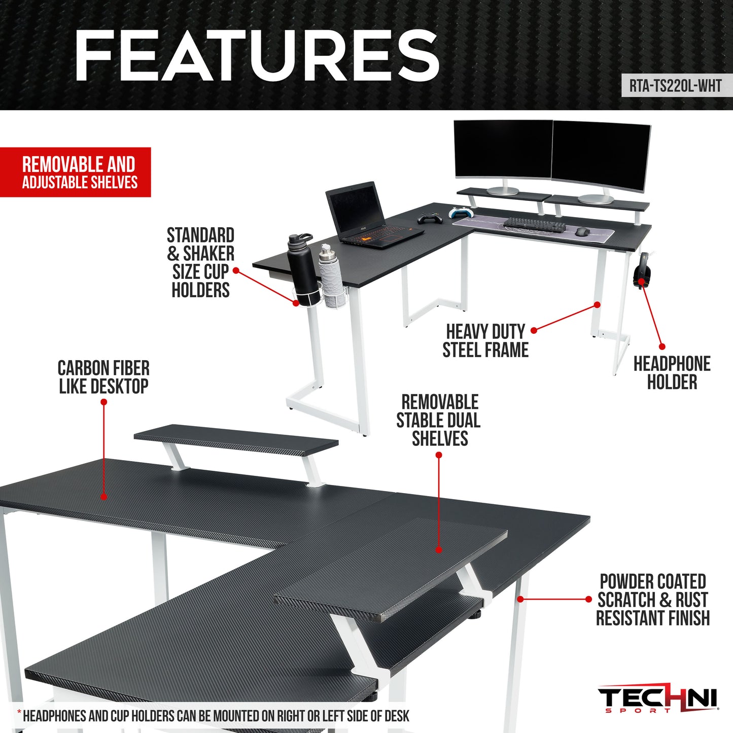 Techni Sport Warrior White L-Shaped Gaming Desk with Storage