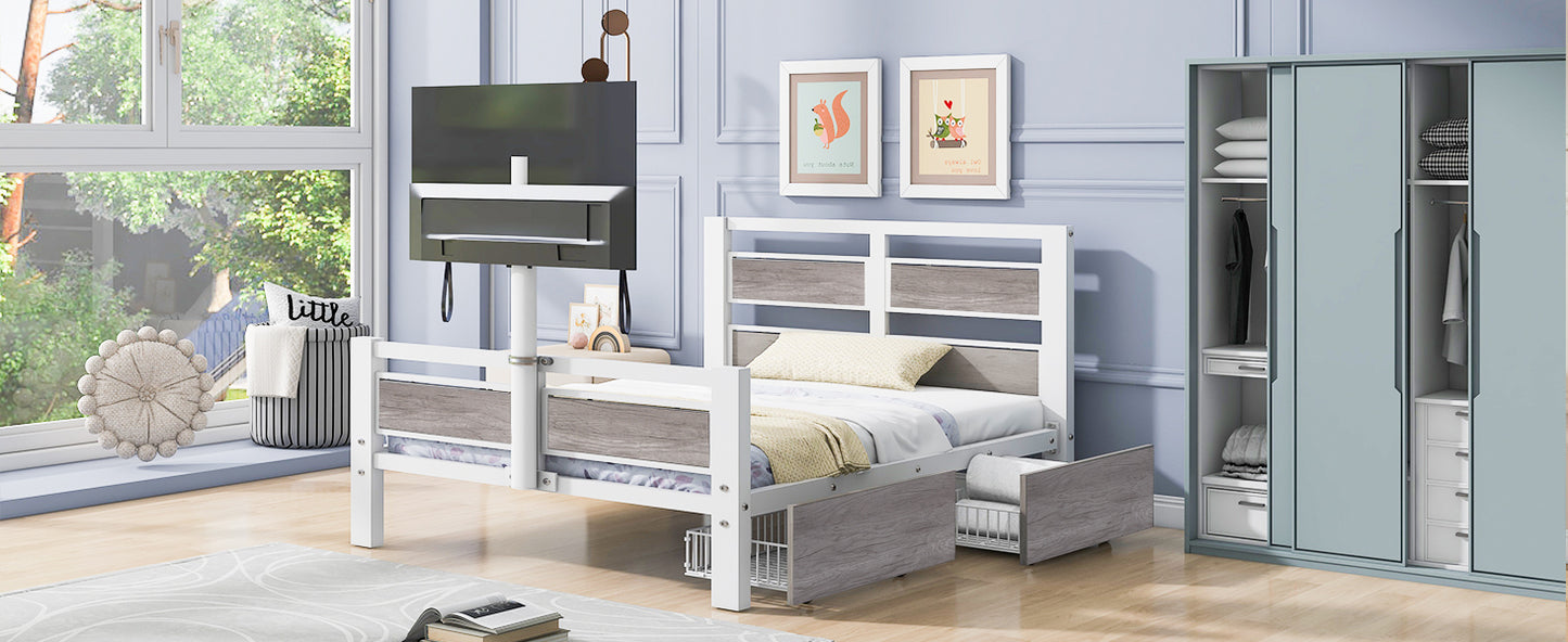 Metal Platform Bed with Rotating TV Stand, Storage Drawers, and MDF Headboard, Twin Size, White