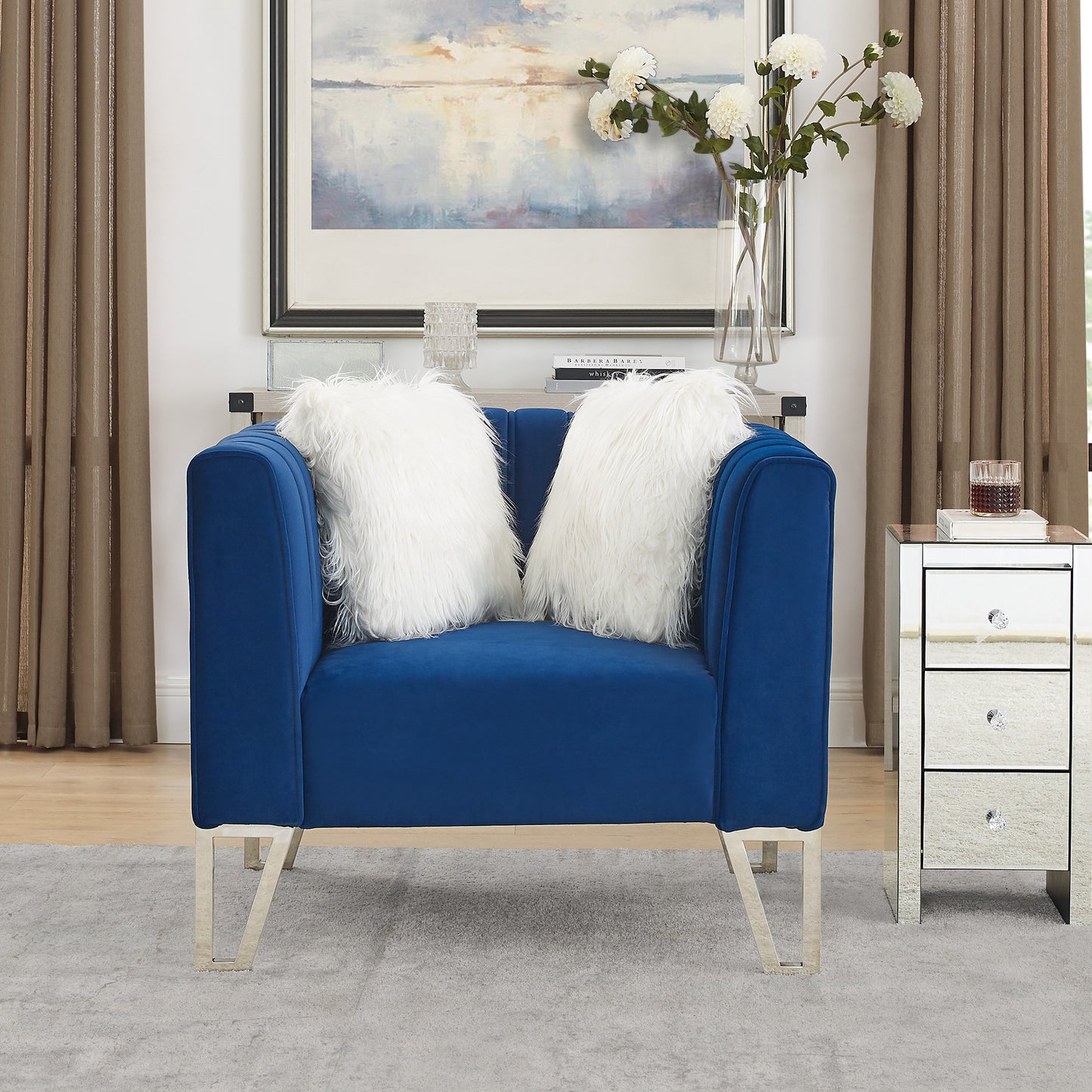 Sofa Chair with Mirrored Side Trim with Faux Diamonds and Stainless Steel Legs, Six White Villose Pillow, Blue (36.5"Lx32.75"Wx29.5"H)