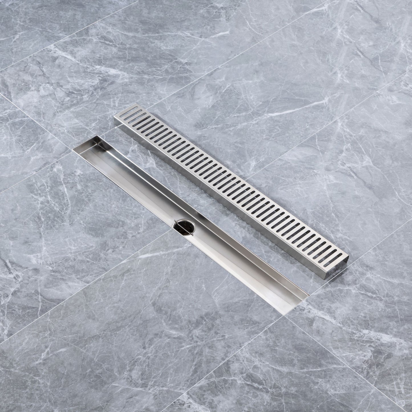 Brushed Nickel Linear Grid Shower Drain with Modern Design