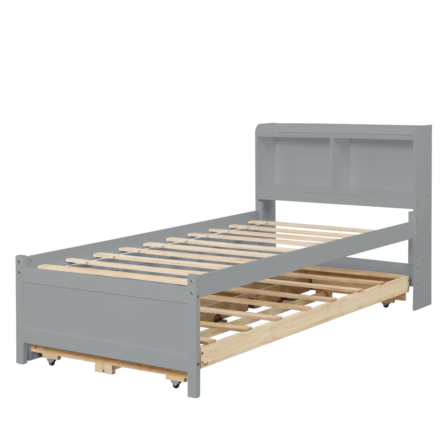Twin Size Bed with  built-in USB ,Type-C Ports, LED light, Bookcase Headboard, Trundle and 3 Storage Drawers, Twin Size Bed with  Bookcase Headboard, Trundle and Storage drawers ,Grey