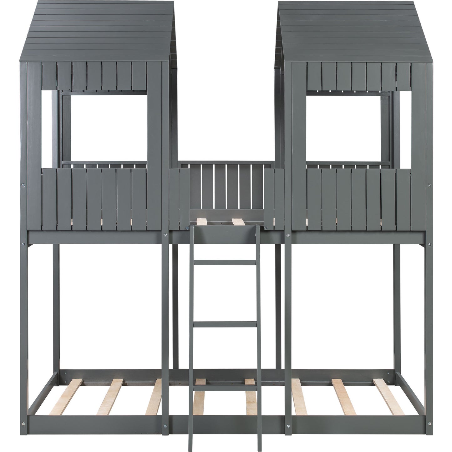 Wooden Playhouse-Styled Full Over Full Bunk Bed with Gray Roof and Window