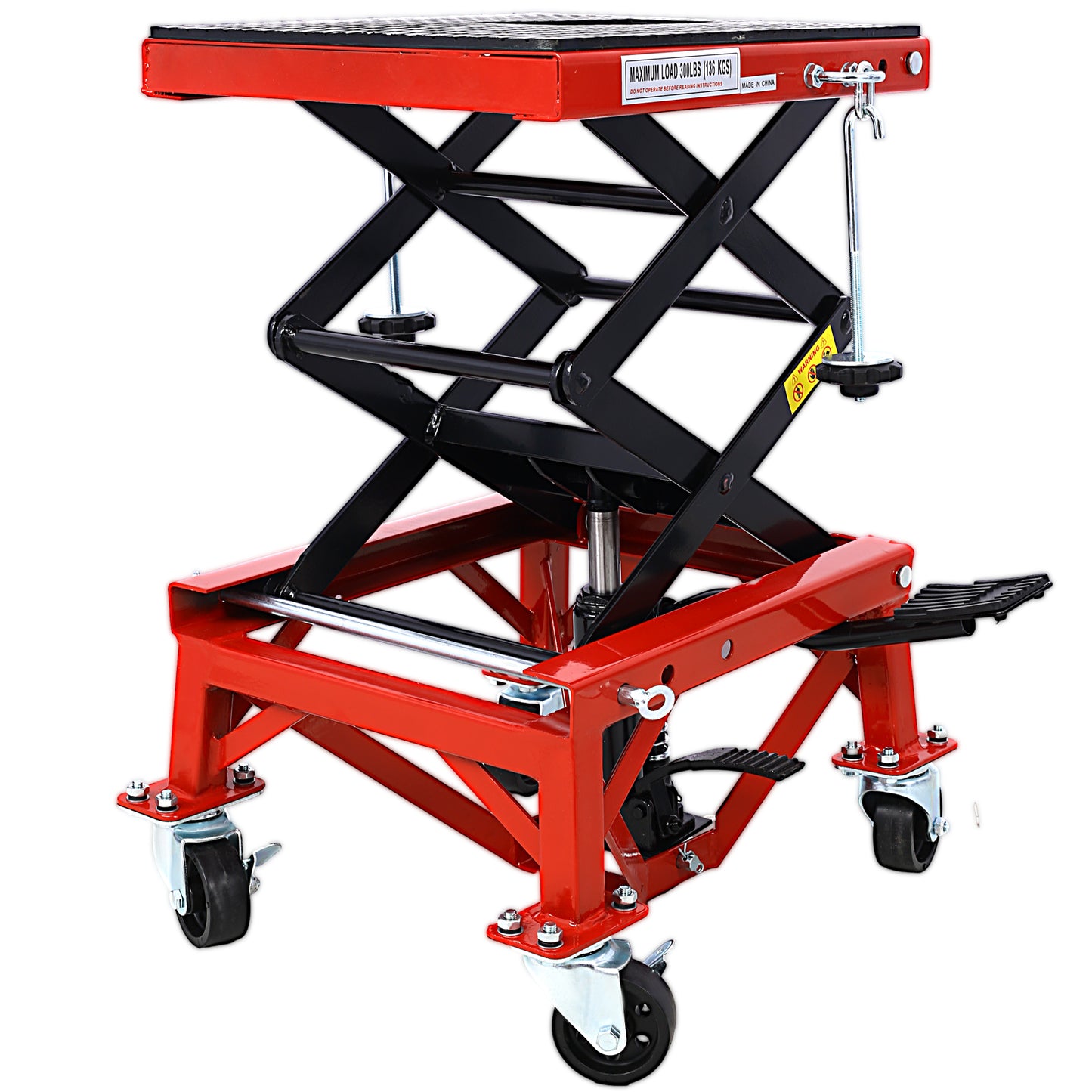 300 lbs Hydraulic Motorcycle Scissor Jack Lift Foot Step Wheels for Small Dirt Bikes,red color