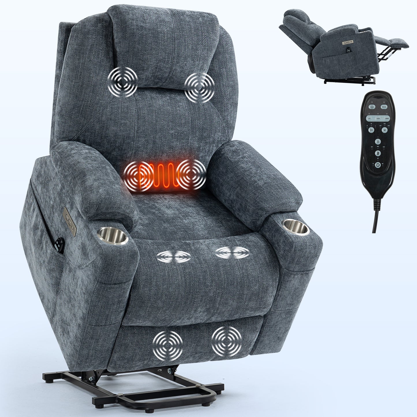 Blue Chenille Power Lift Recliner Chair with Massage and Lumbar Heating