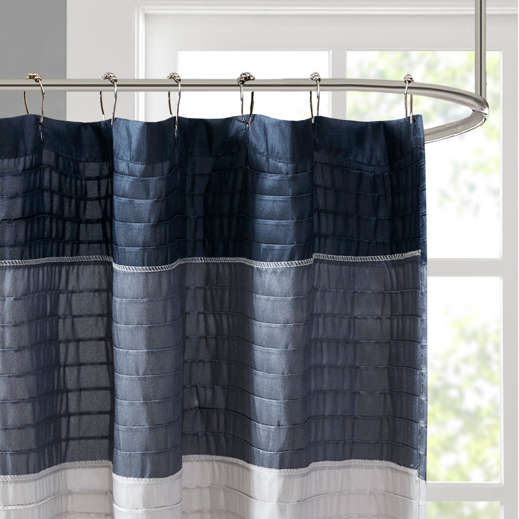 Navy Faux Silk Shower Curtain with Elegant Pintucked Design