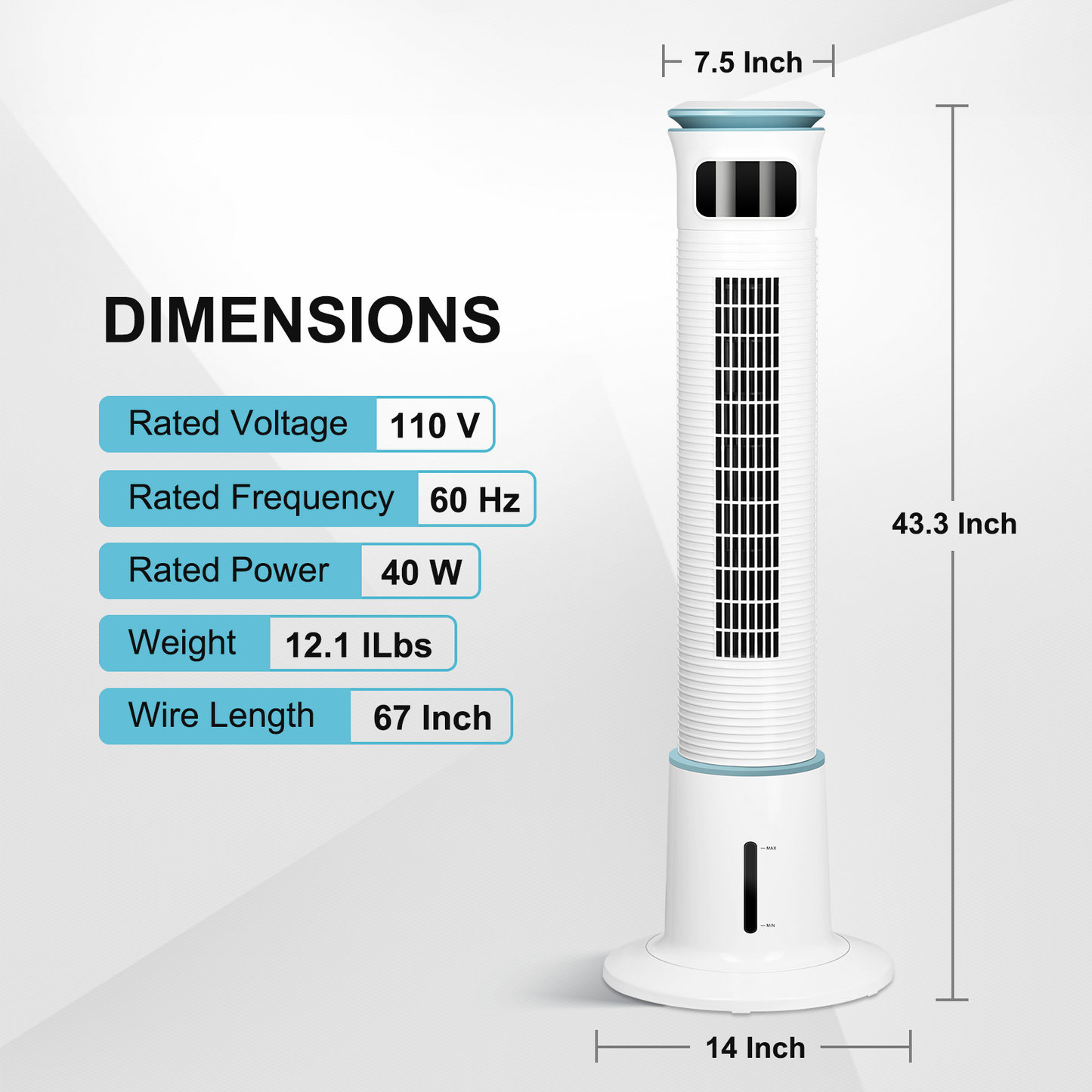 Refreshing Breeze Tower Fan with Mist Function, Adjustable Speeds & Timer, Low Noise, 43 Inches, White