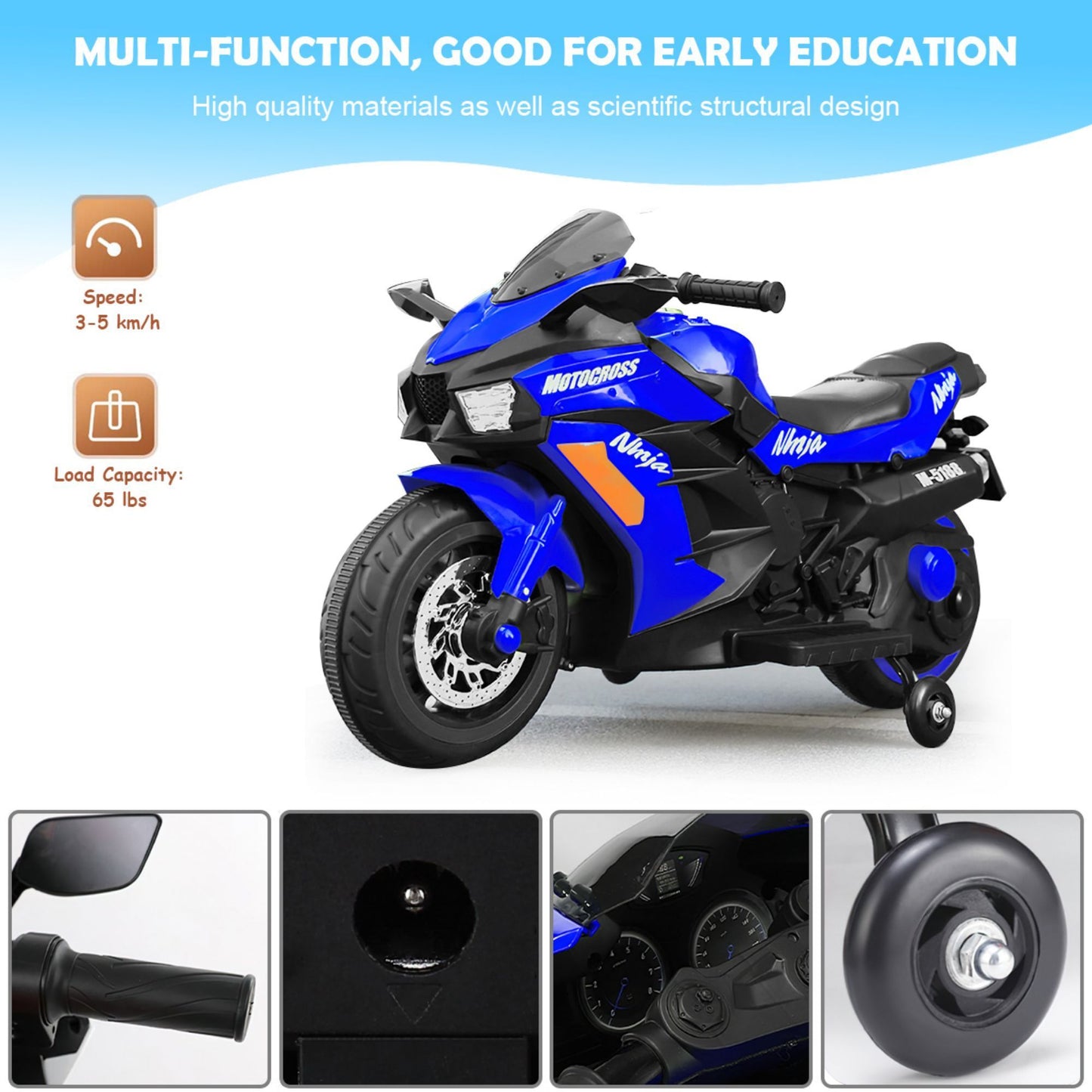 12V Blue Kids Rechargeable Electric Motorcycle with Training Wheels