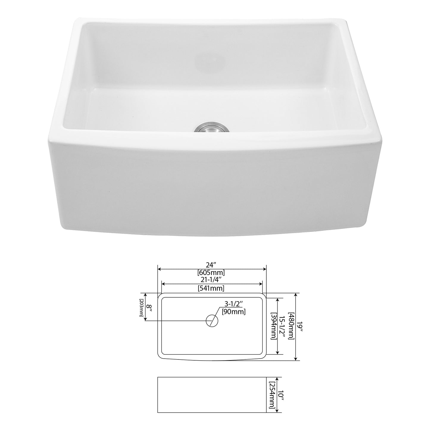 White Ceramic Farmhouse Kitchen Sink - Elegant 24-Inch Single Bowl with Arch Edge Apron