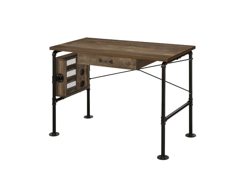 Oak and Black Industrial Writing Desk with Storage Shelf