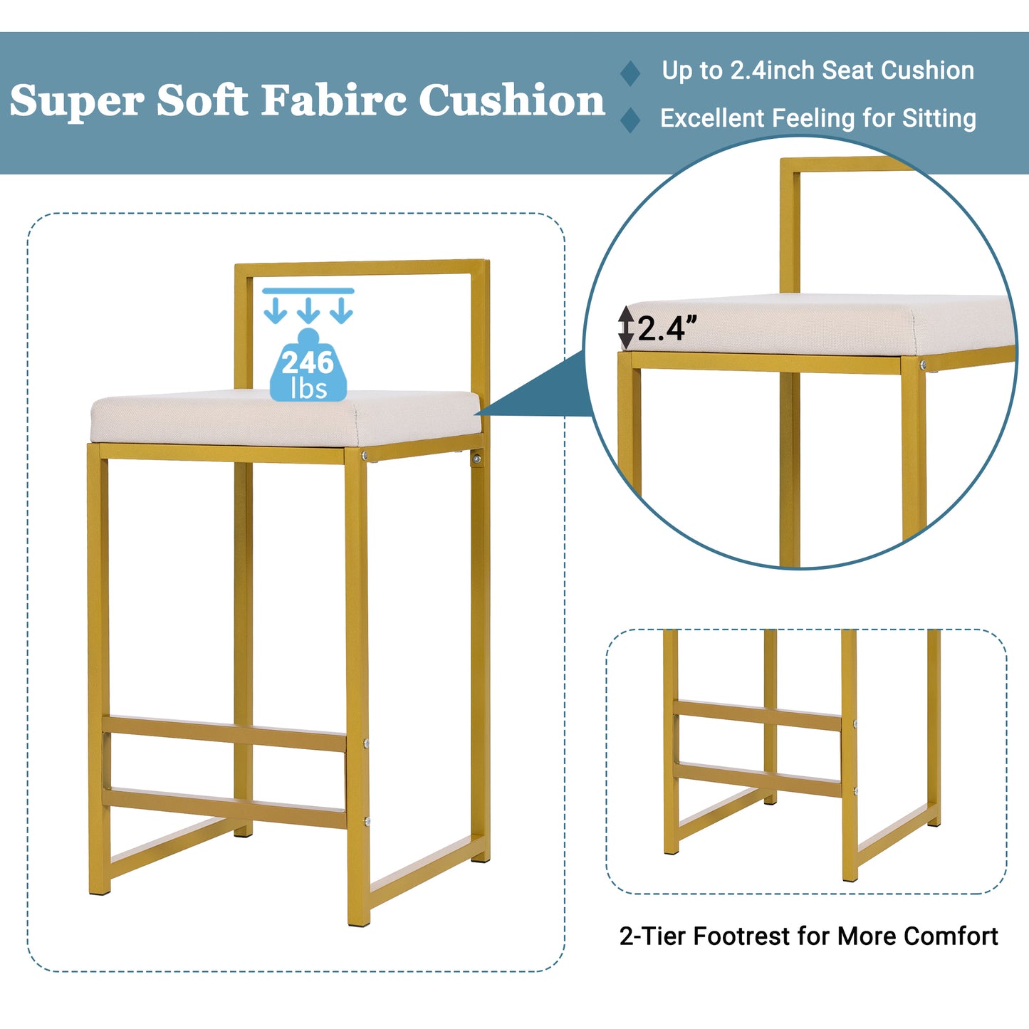 Modern 4-Piece Counter Height Extra Long Console Bar Dining Table Set with 3 Padded Stools for Small Places, Gold