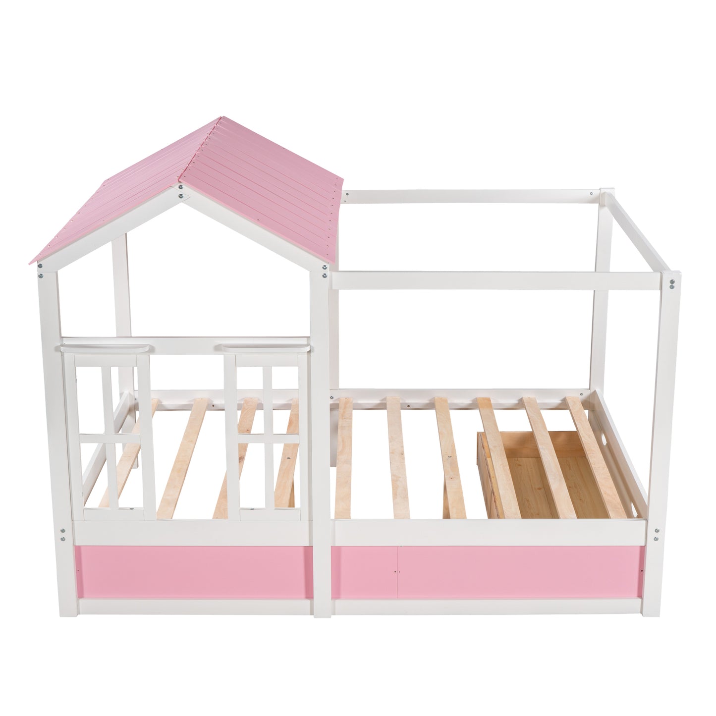 Full Size House Bed with Roof, Window and Drawer - Pink + White