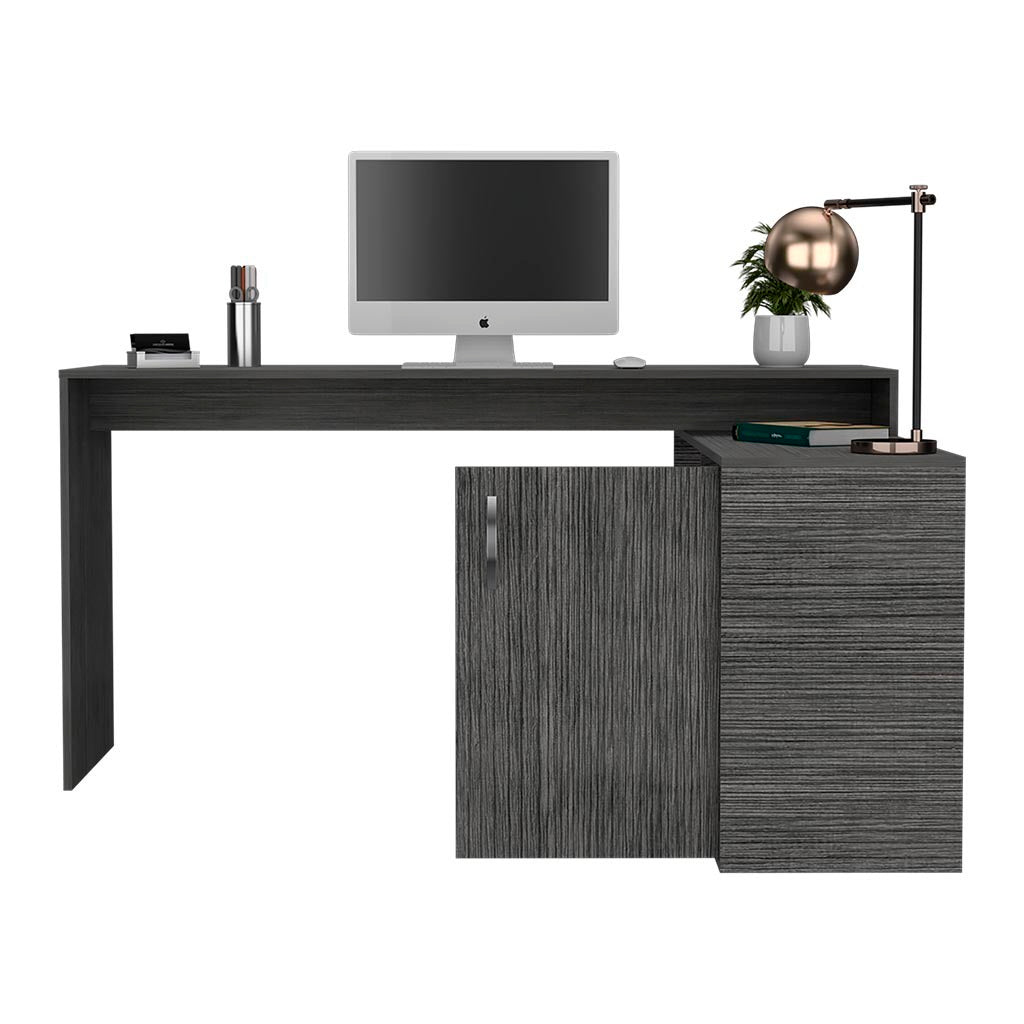 Sleek L-Shaped Desk with Ample Storage in Smokey Oak Color