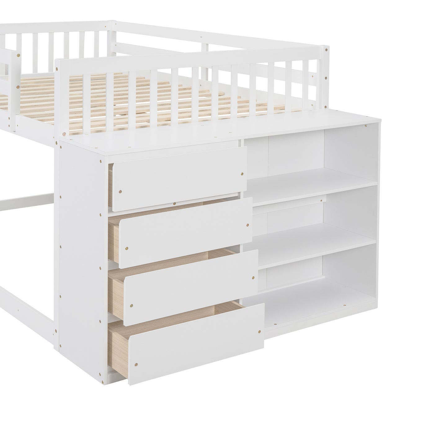 White Full over Full Bunk Bed with Storage, Shelves, and Drawers