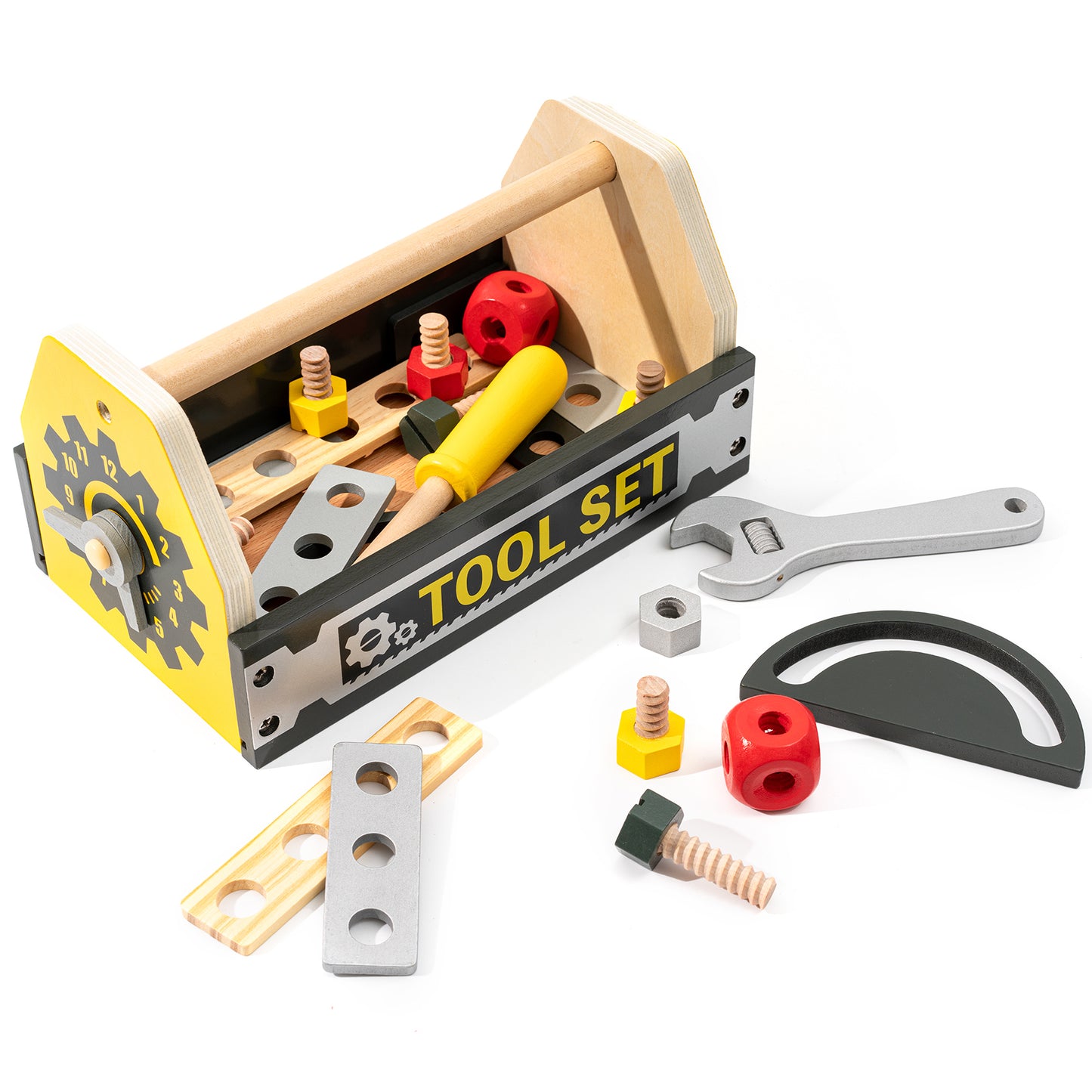 Kids Wooden Toy Toolbox with Building Blocks and Play Tools