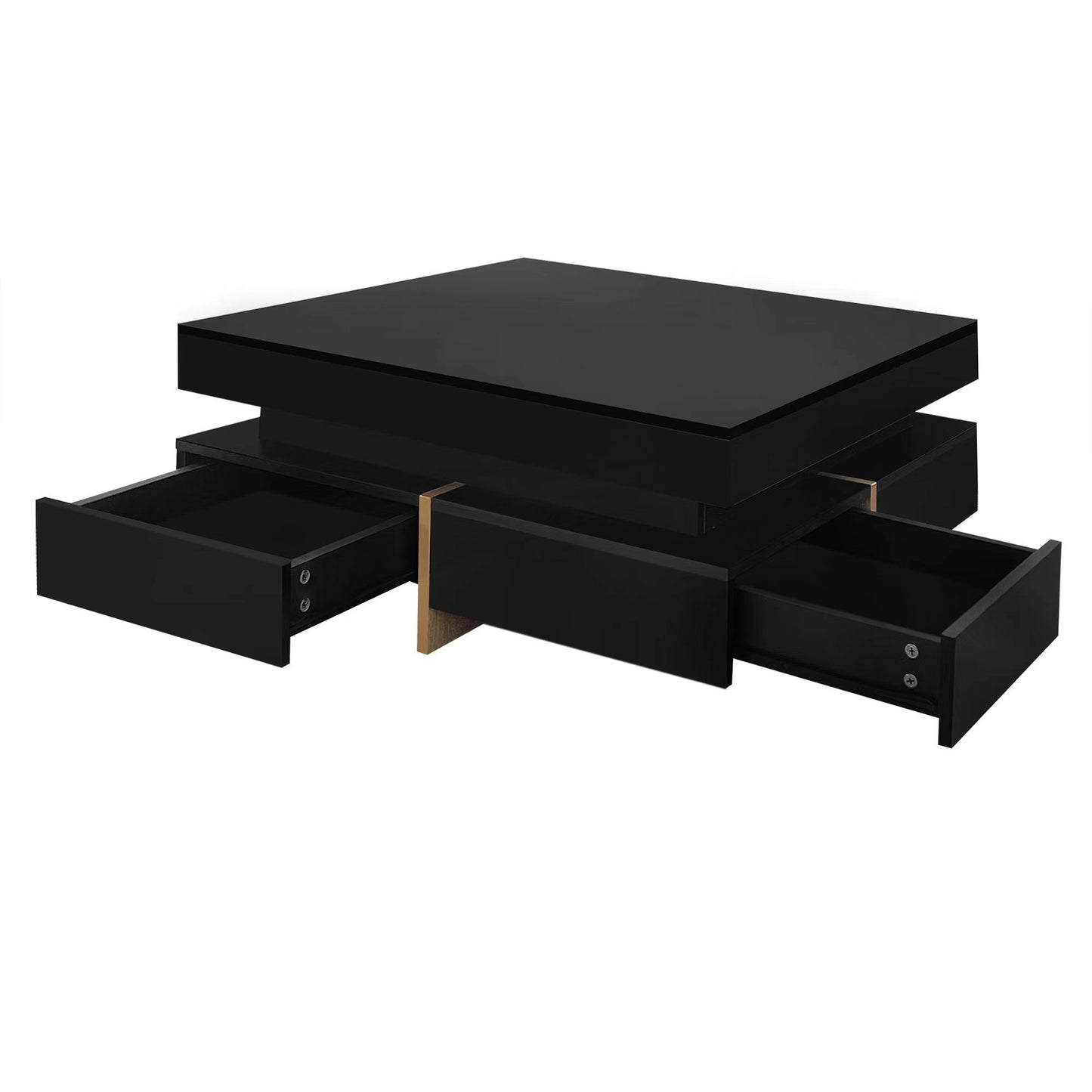 Modern Sleek Black Coffee Table with Wood Grain Legs and 4 Drawers, Square Multi-Storage Center Table for Living Room, 31.5''x31.5'', Black