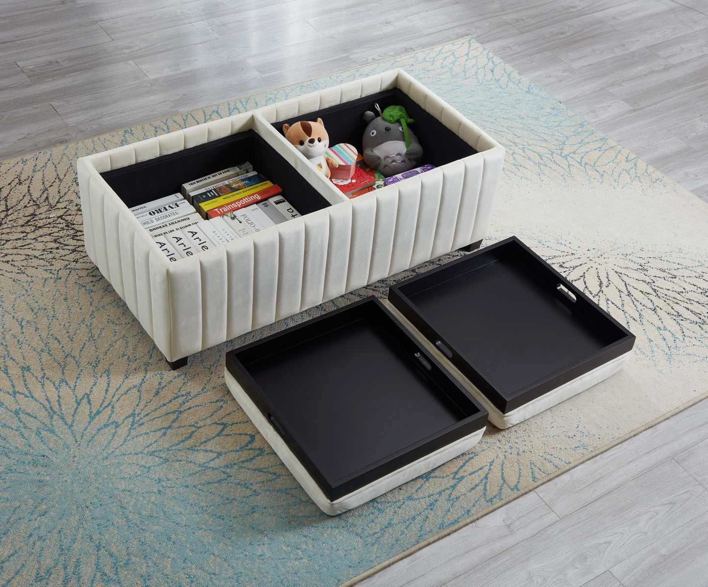 Contemporary Beige Velvet Storage Ottoman Bench with Coffee Tray and High-Density Sponge Fill