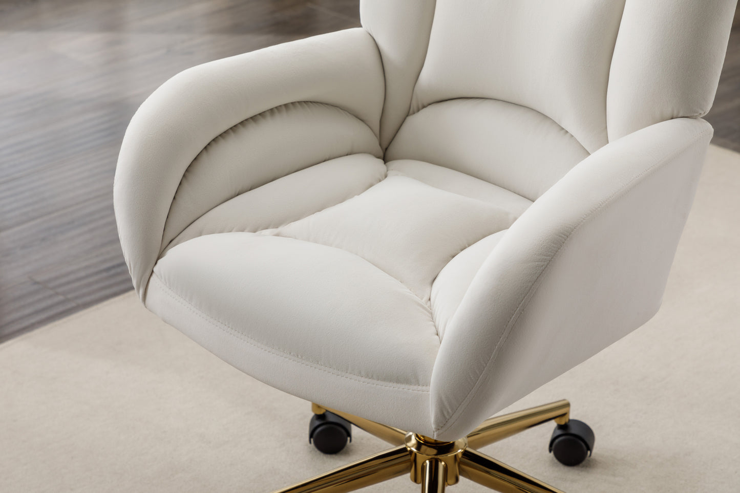 005-Velvet Fabric 360 Swivel Home Office Chair With Gold Metal Base And Universal Wheels,Ivory