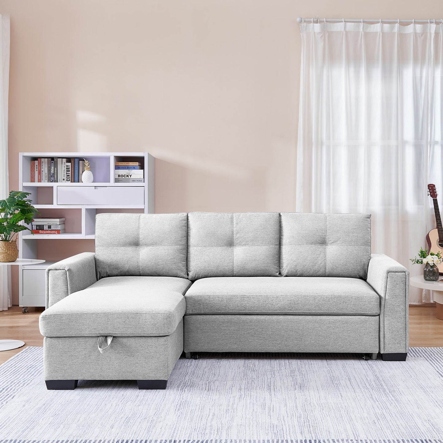 Modular Reversible Sleeper Sectional Sofa with Storage Chaise - Light Grey