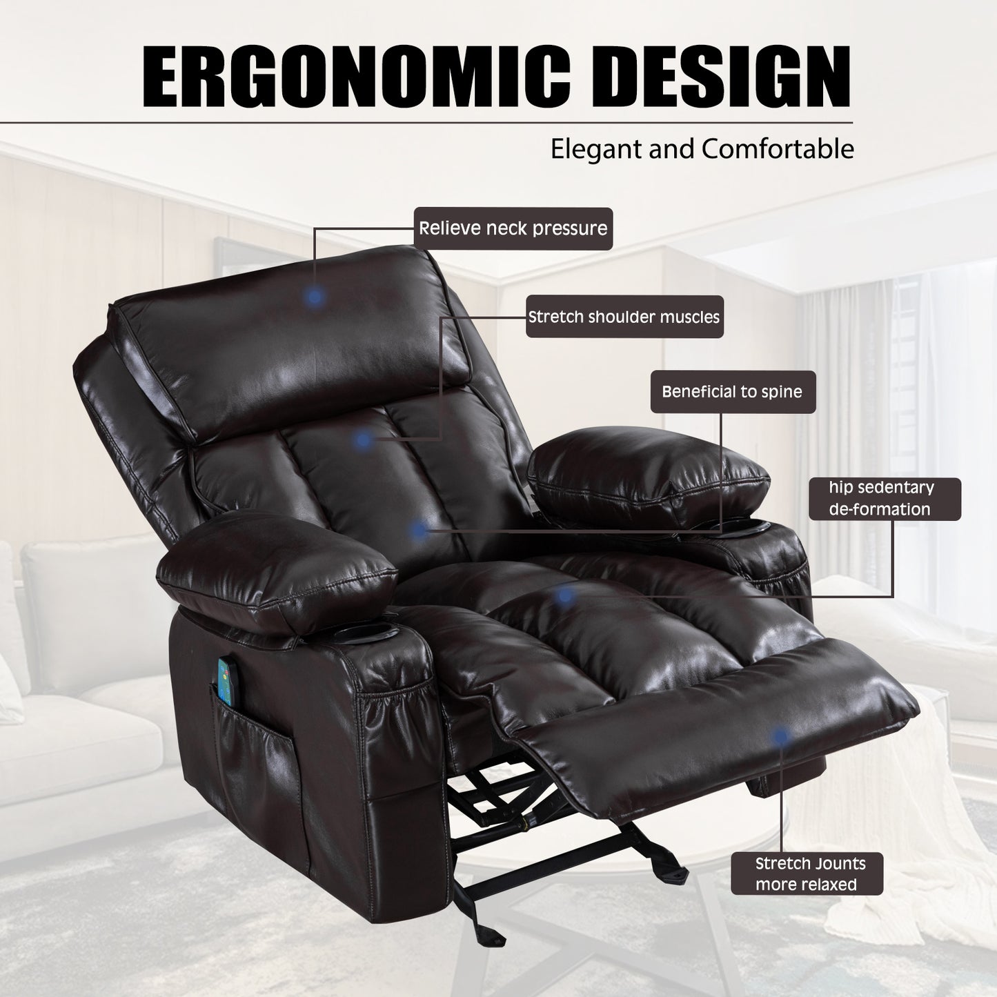 Ultimate Relaxation Living Room Recliner Chair with Rocking Function and Side Pocket