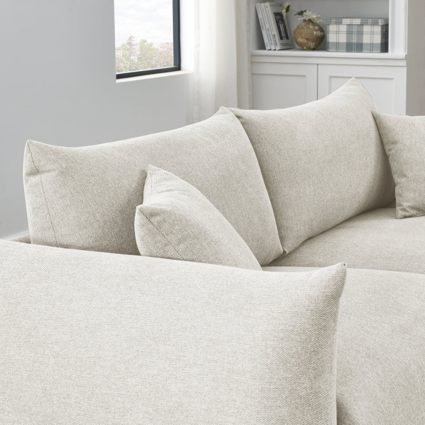 Modern Beige 2-Seat Sofa with Pillows and Solid Wood Frame