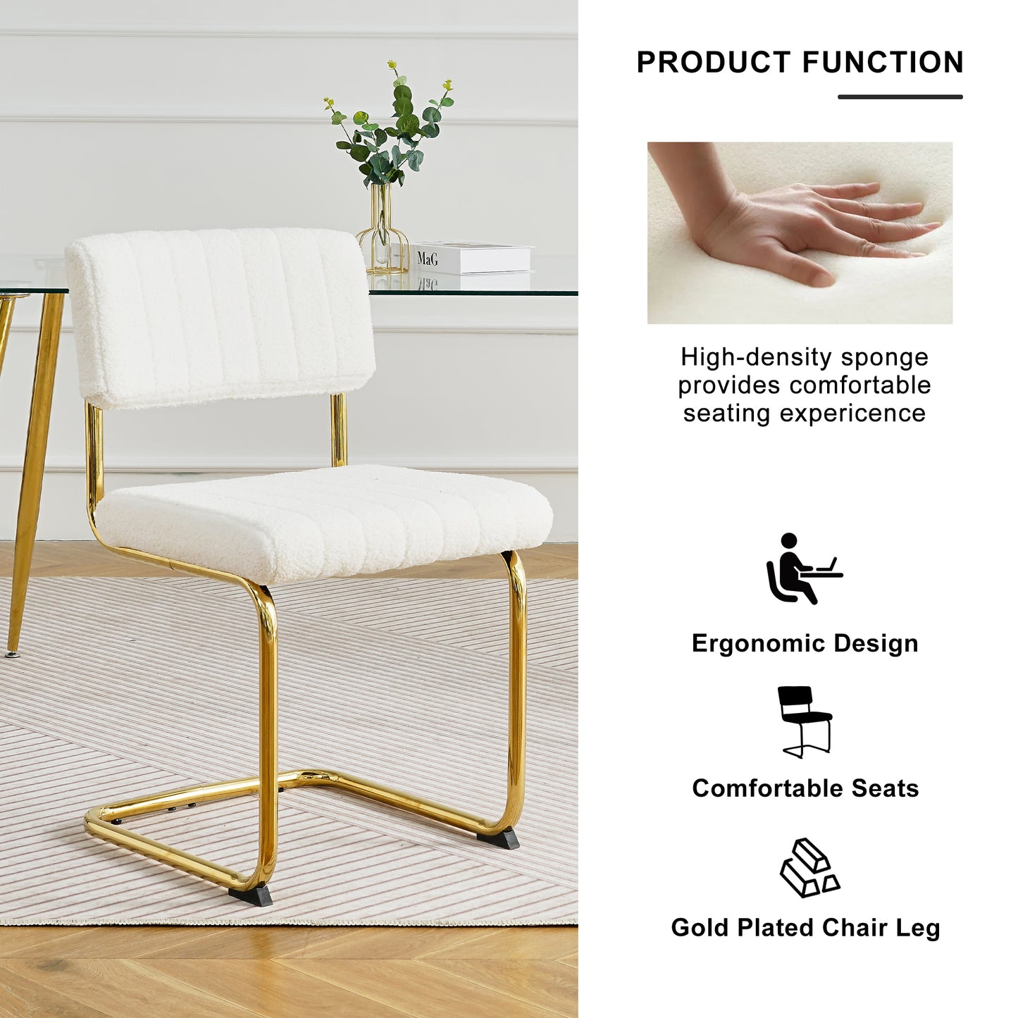 Modern simple light luxury dining White chair home bedroom stool back dressing chair student desk chair gold metal legs(set of 4)