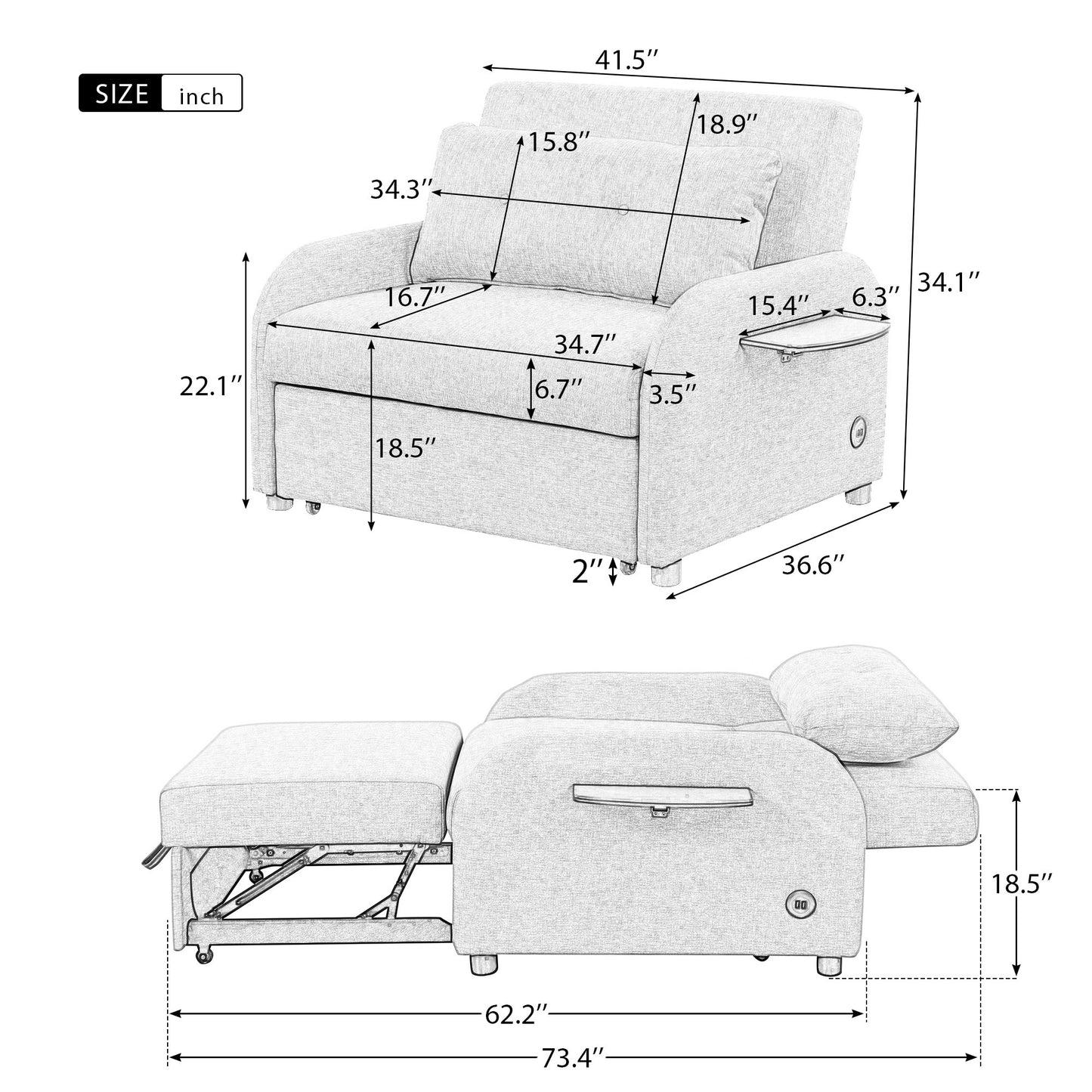 pull out sofa sleeper 3 in 1 with 2 wing table and usb charge for nap line fabric for living room recreation room grey