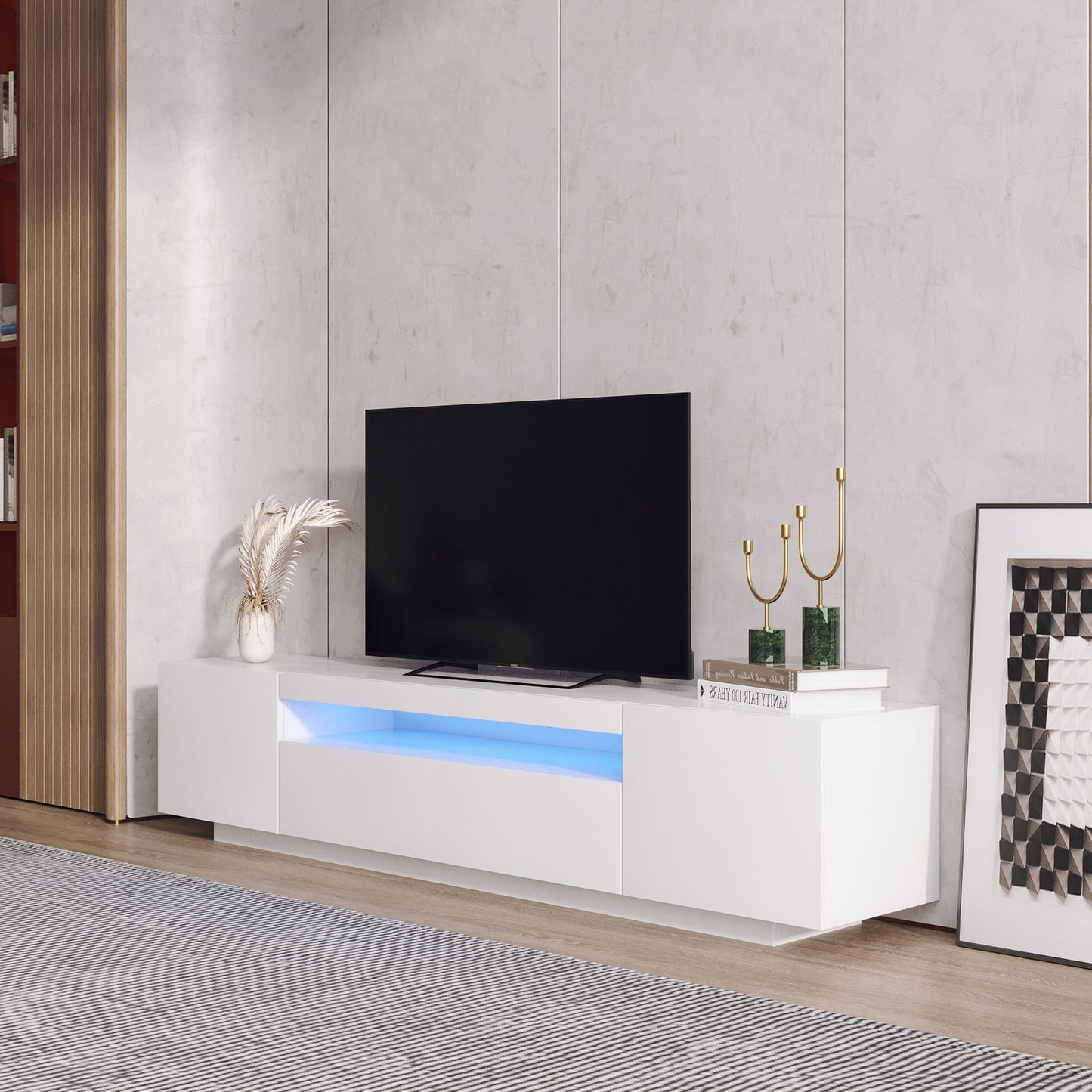 Modern White TV Stand with LED Lights and Storage Drawers for a Stylish Living Room Upgrade