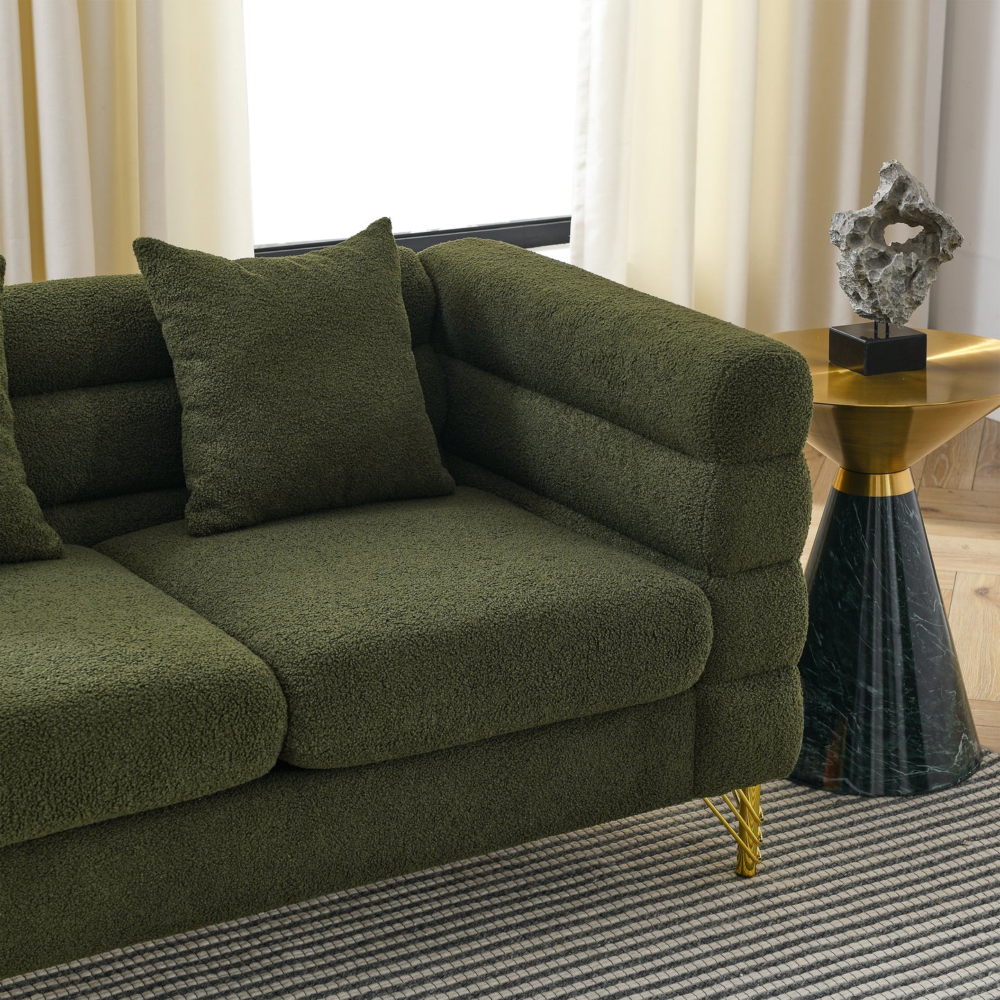 Oversized 3 Seater Green Teddy Sectional Sofa with 3 Pillows