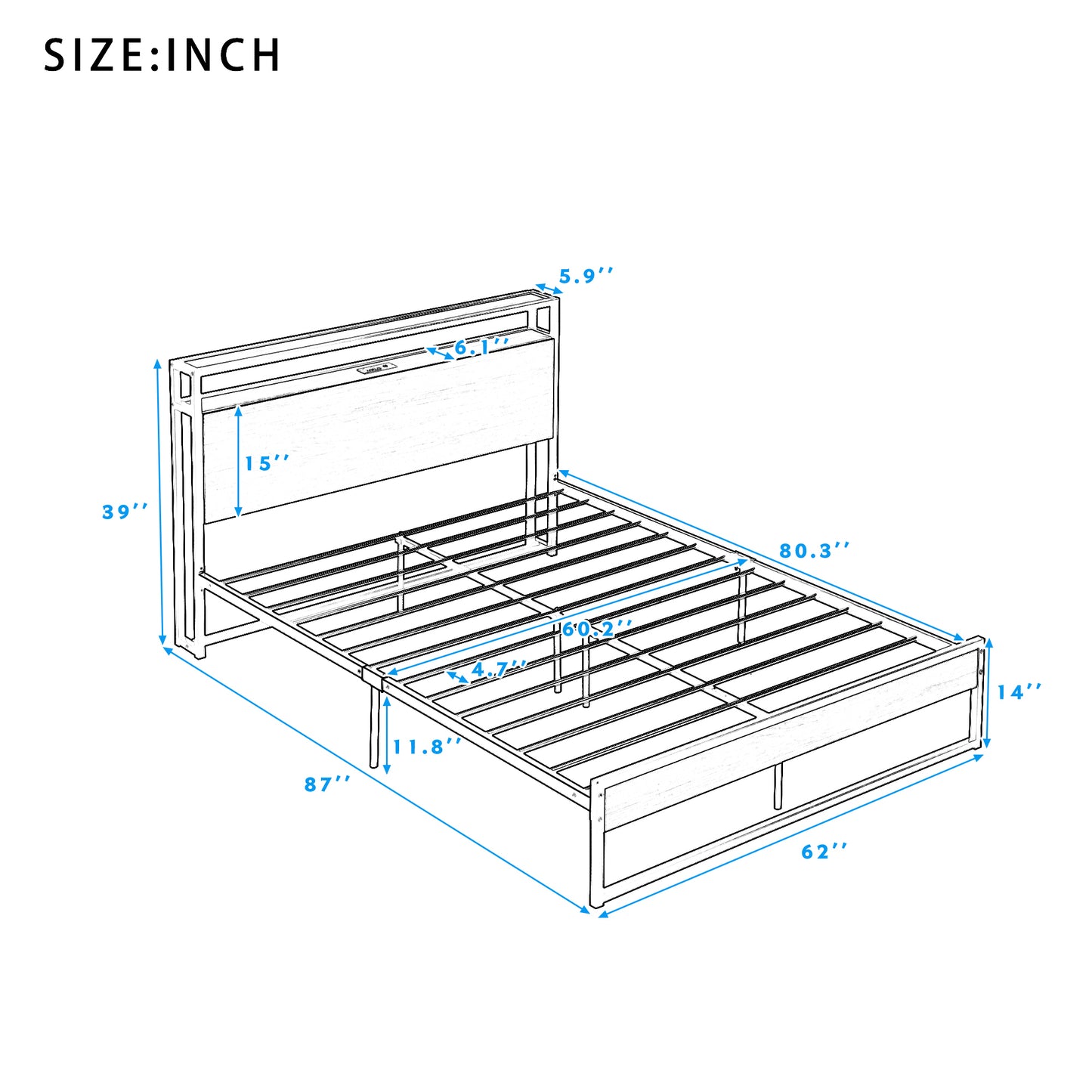 Queen Size Metal Platform Bed Frame with Sockets, USB Ports and Slat Support ,No Box Spring Needed Black