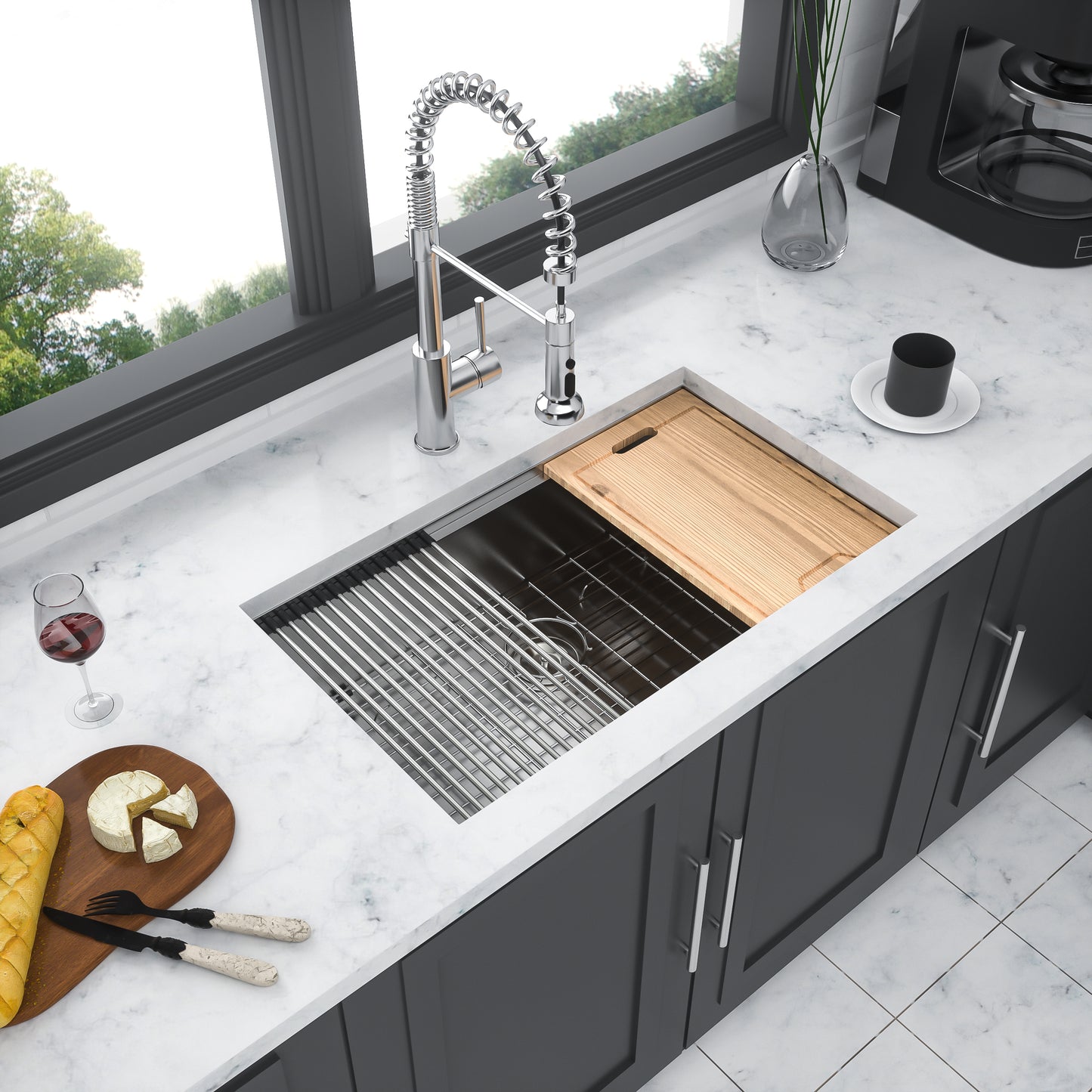 33-Inch Stainless Steel Undermount Kitchen Sink with Built-In Workspace