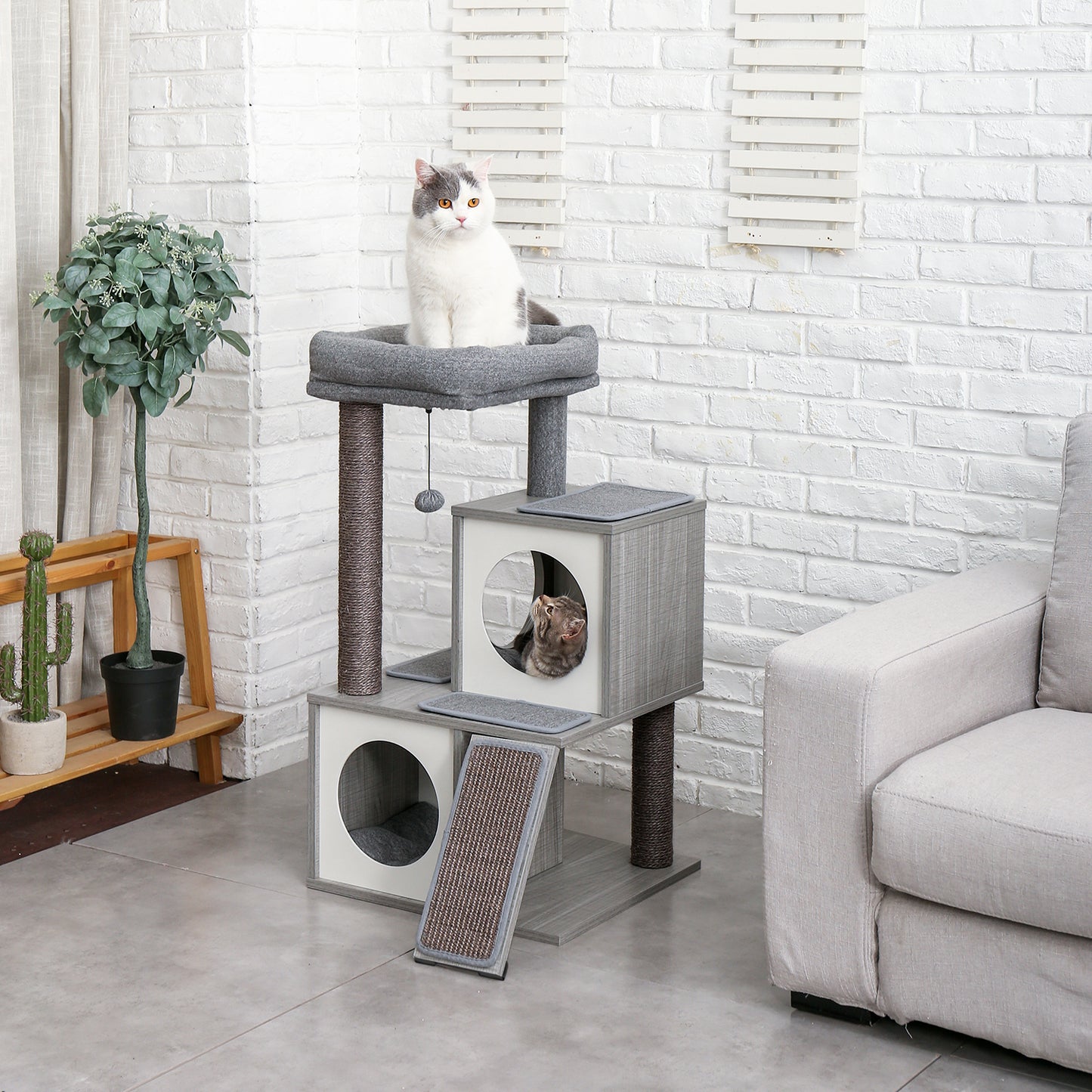 Cat Tree Luxury 34 Inches Cat Tower with Double Condos, Spacious Perch, Fully Wrapped Scratching Sisal Posts and Replaceable Dangling Balls Gray