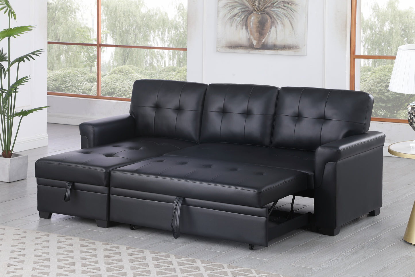 Lexi Modern Black Vegan Leather Sectional Sofa with Sleeper and Storage Chaise