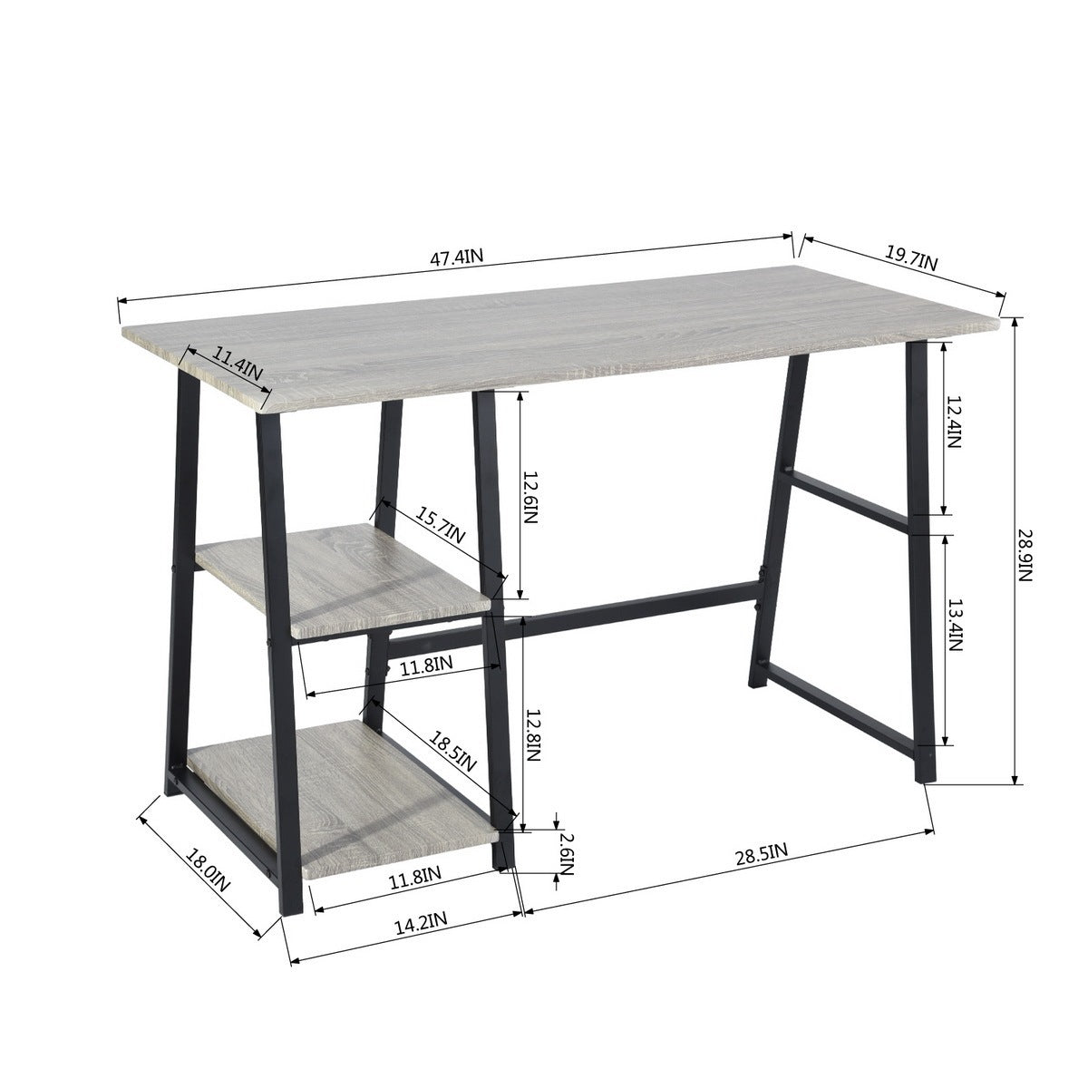 Adjustable Wooden Desk with 2 Open Shelves - GREY & BLACK