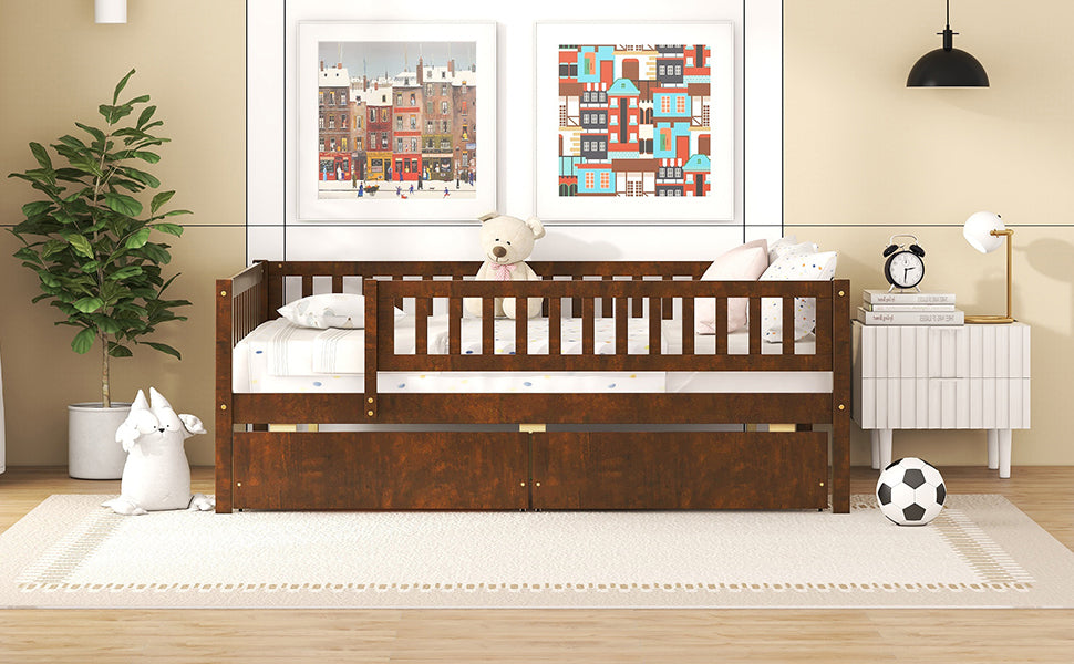 Full Size Daybed Wood Bed with Two Drawers, Walnut