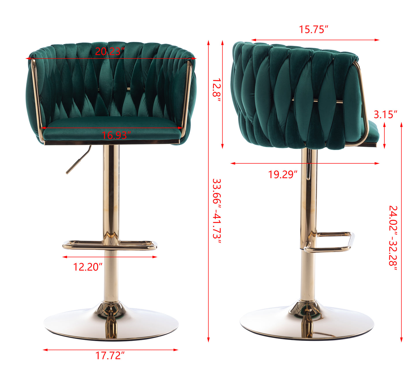 Set of 2  Bar Stools,with Chrome Footrest and Base Swivel Height Adjustable Mechanical Lifting Velvet + Golden Leg Simple Bar Stool-Green