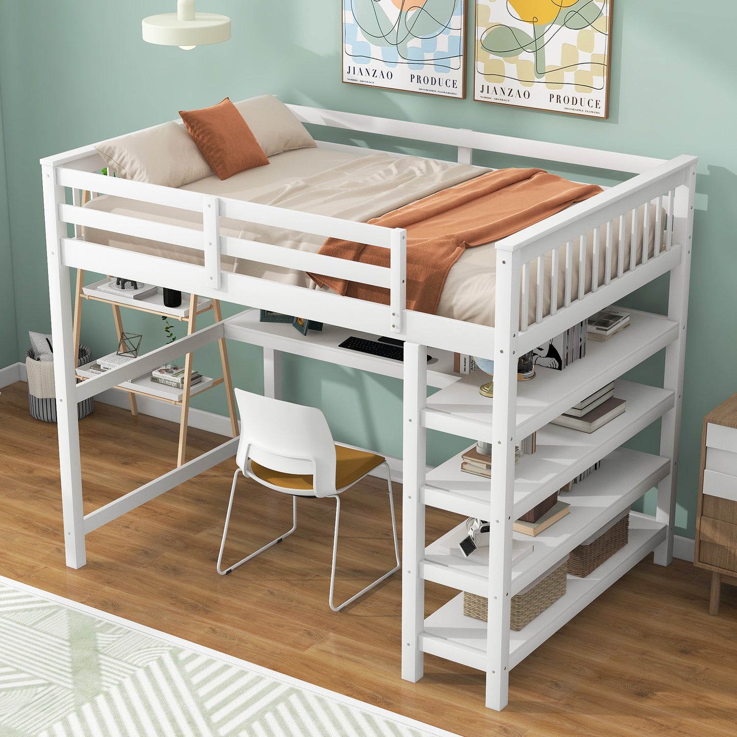 Full Size Loft Bed with Storage Shelves and Under-bed Desk, White