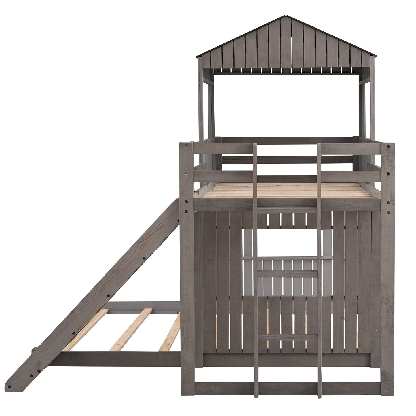 Playhouse Twin Over Full Bunk Bed with Ladder, Slide, and Guardrails in Farmhouse Style