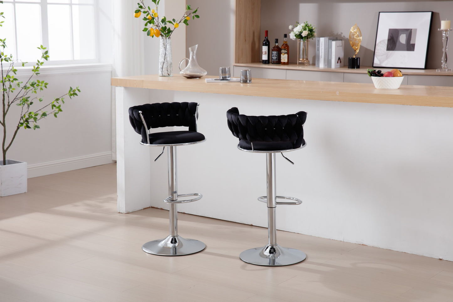 Set of 2  Bar Stools,with Chrome Footrest and Base Swivel Height Adjustable Mechanical Lifting Velvet + Bar Stool-BLACK