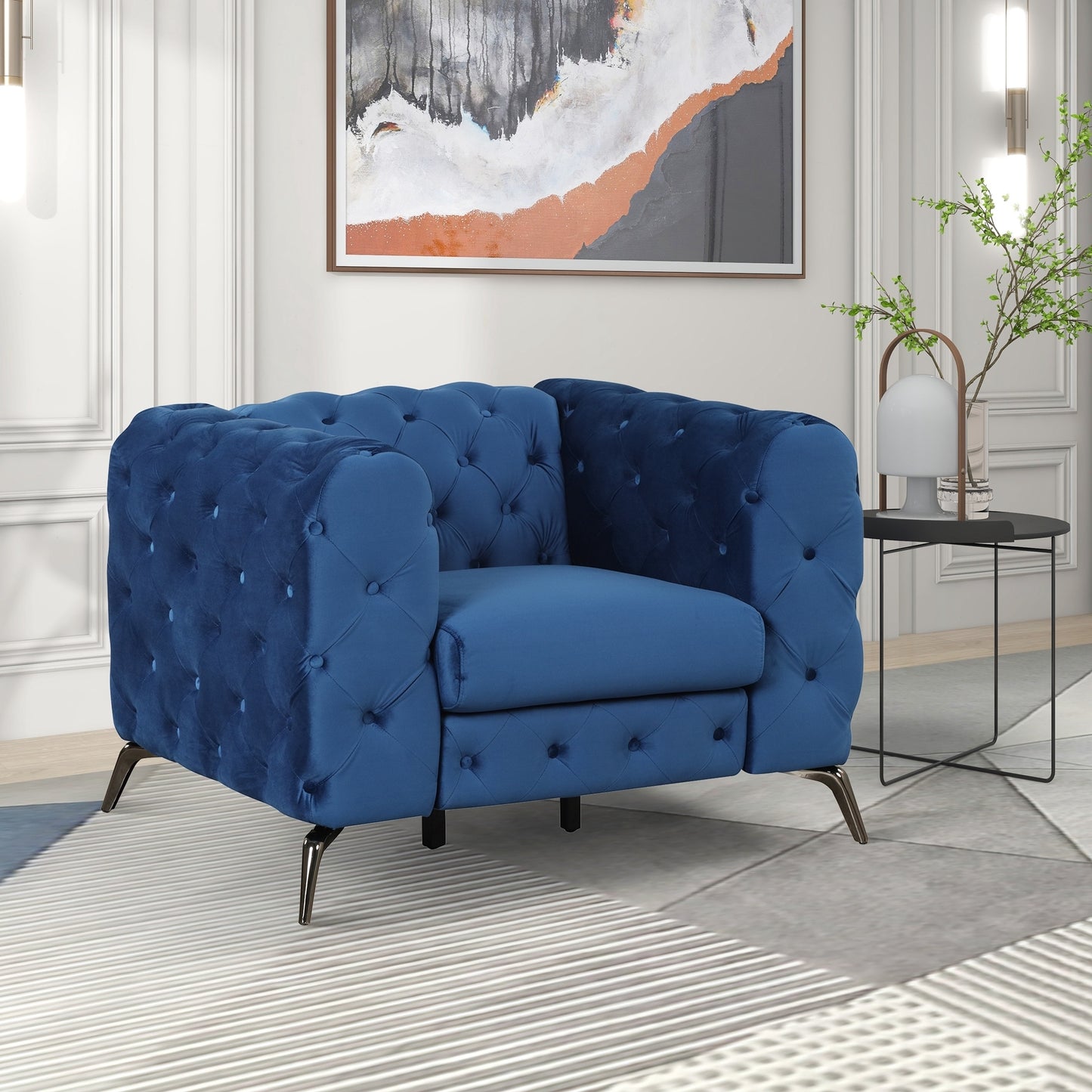 Elegant 40.5 Blue Velvet Upholstered Single Sofa with Button Tufted Back