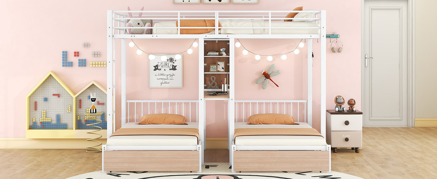 Triple Bunk Bed with White Metal Convertible Desk and Shelves