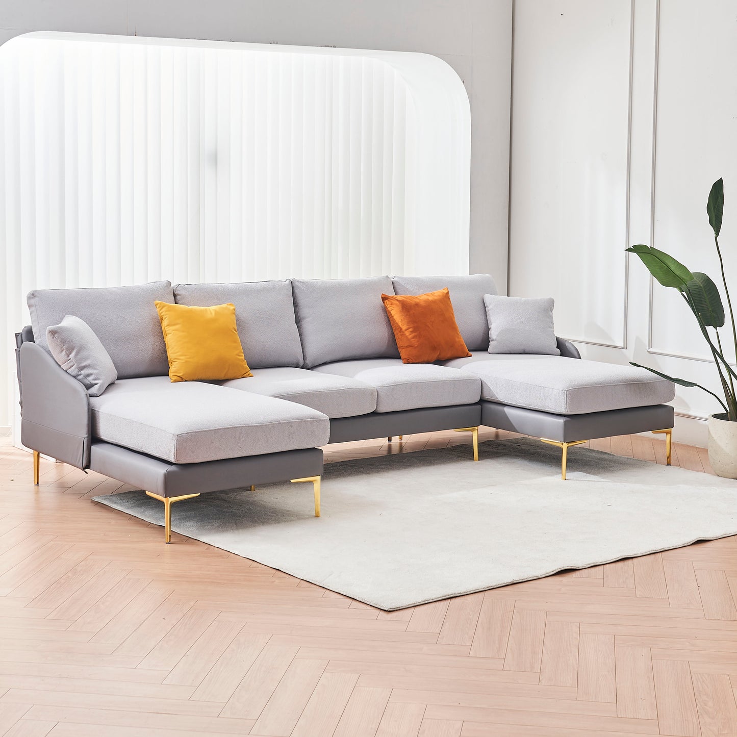 Modern large area Linen+Leathaire fabric color matching segmented sofa, ultra wide lounge chair, golden legs, U-shaped, double grey color