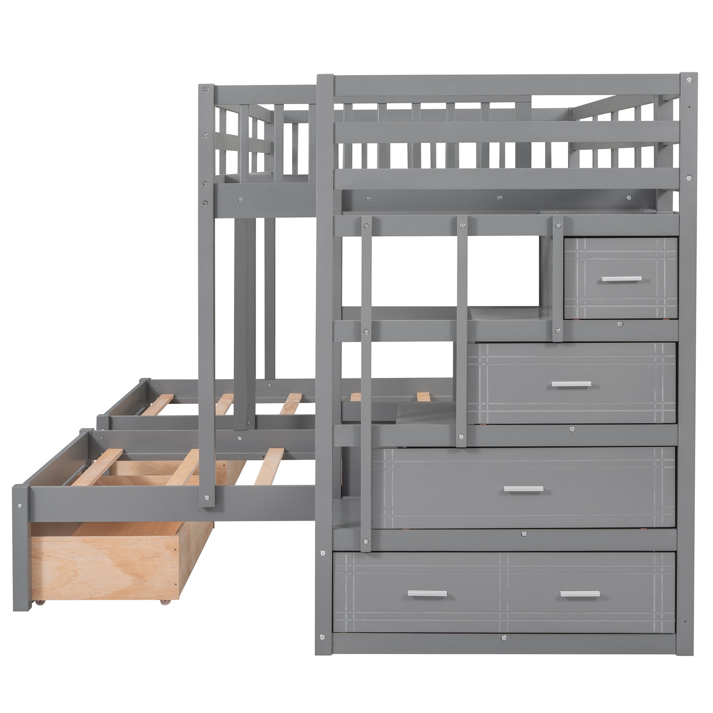 Triple Bunk Bed with Storage Drawers - Space-Saving Gray Design