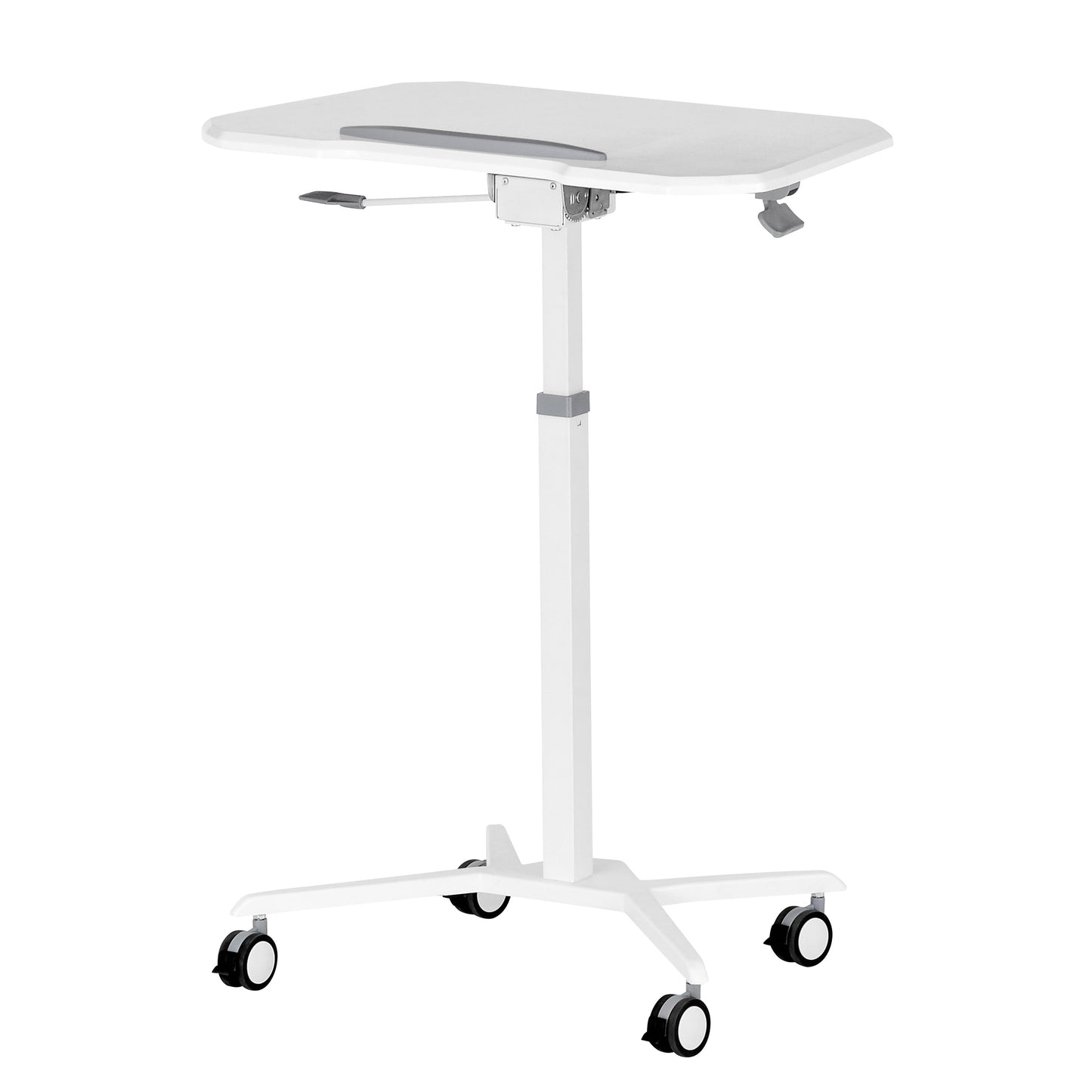 Adjustable White Laptop Stand with Tilt Tabletop and Rolling Mechanism