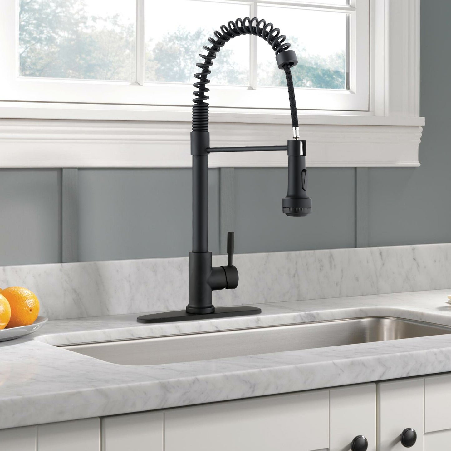 Single Handle Single Lever Pull Down Sprayer Spring Kitchen Sink Faucet Matte Black