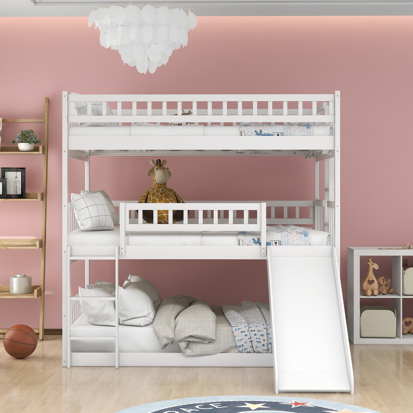 Three-Tier Bunk Bed with Versatile Sleeper Options, Slide, and Ladder, White