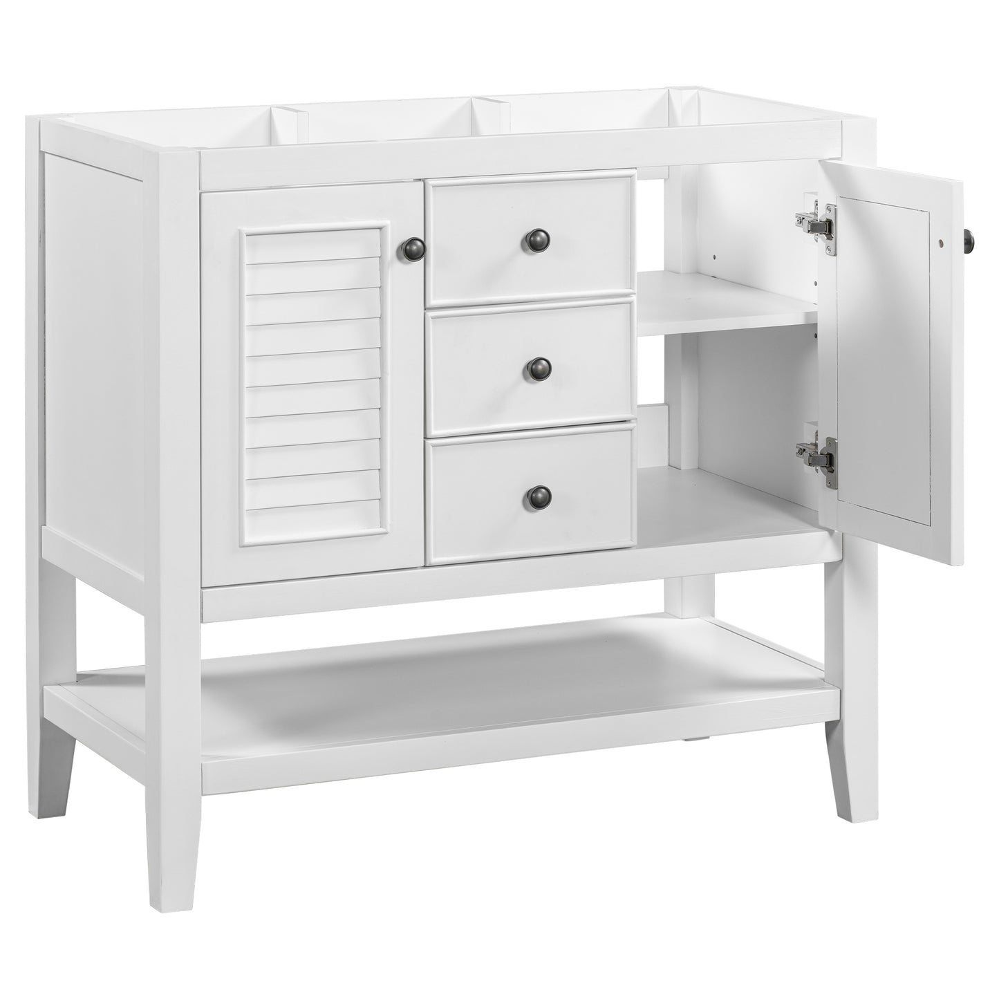 36" Bathroom Vanity without Sink, Cabinet Base Only, Two Cabinets and Drawers, Open Shelf, Solid Wood Frame, White